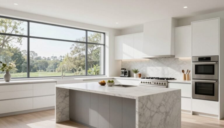 Kitchens Without Upper Cabinets: Designer Pros, Cons & High-End Storage Solutions Modern kitchen without upper cabinets featuring clean lines, full-height windows, and a large island with integrated storage