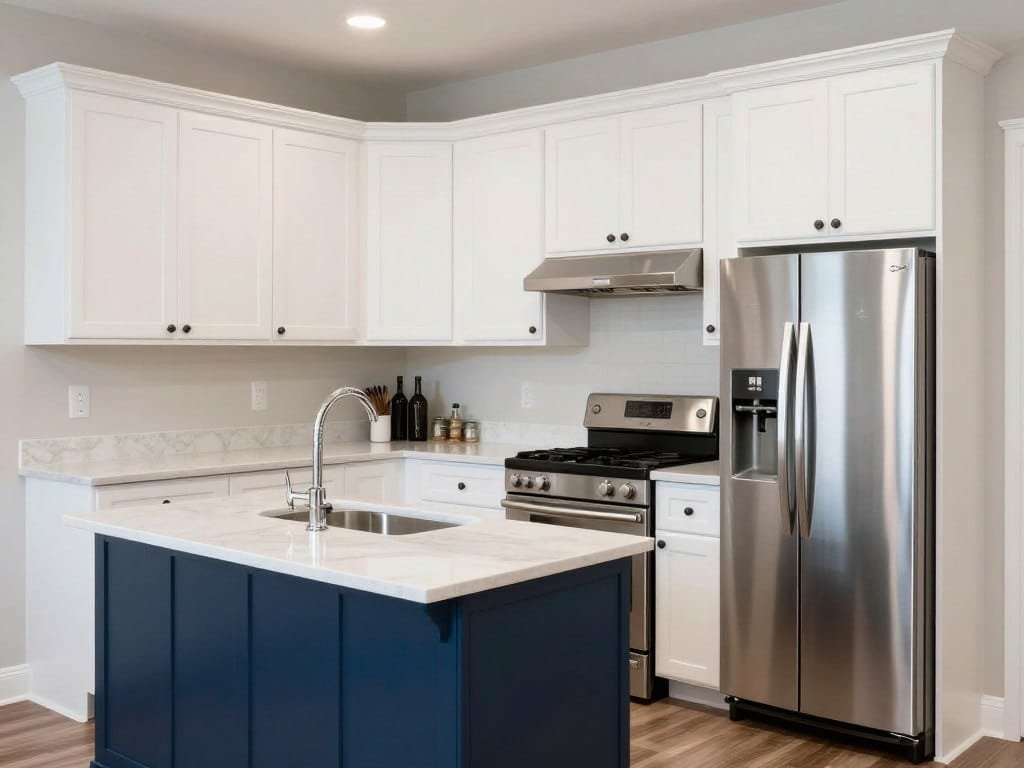 Semi-custom two-tone kitchen with navy island and white perimeter cabinets
