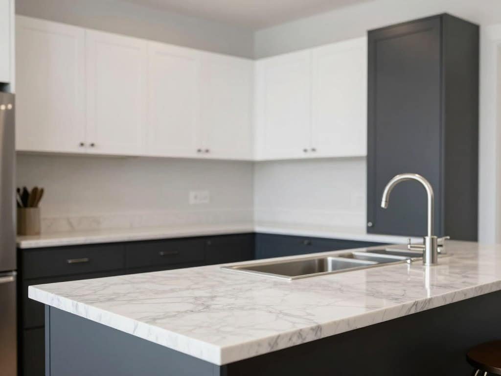 Two-tone kitchen with Taj Mahal quartzite countertops