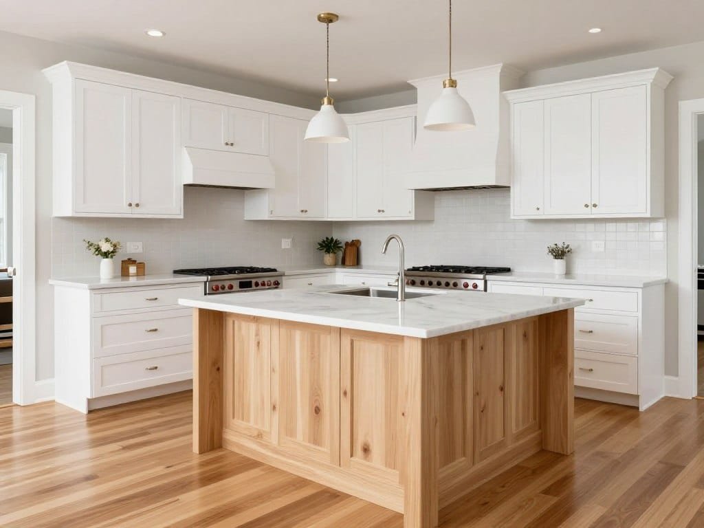 Two-tone kitchen with white painted cabinets and natural wood island