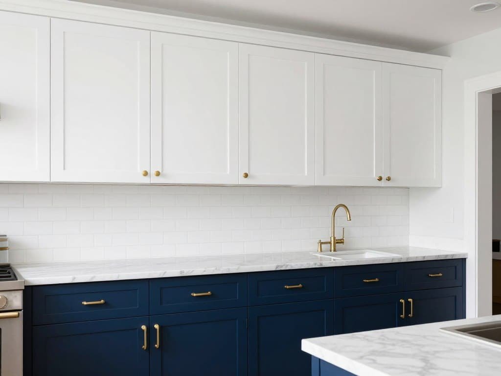 Two-tone kitchen with white upper cabinets and navy blue lower cabinets