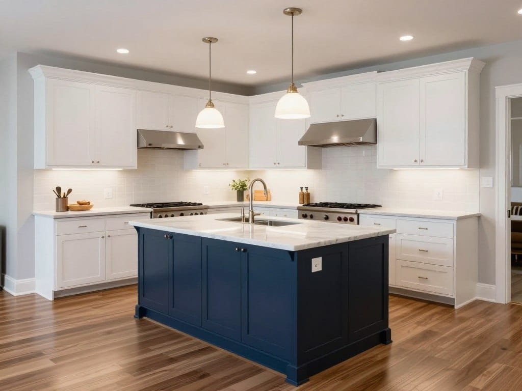 White kitchen with dark blue island as focal point