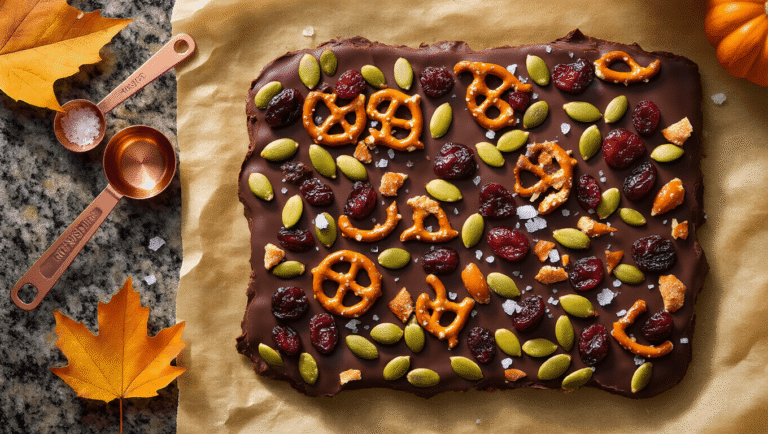 Fall Bark: The Dead-Simple Chocolate Treat That Makes You Look Like a Kitchen Genius Cinematic overhead shot of rustic fall chocolate bark topped with pumpkin seeds, cranberries, and pretzel pieces on parchment paper, illuminated by warm autumn light, with copper measuring spoons and autumn leaves.