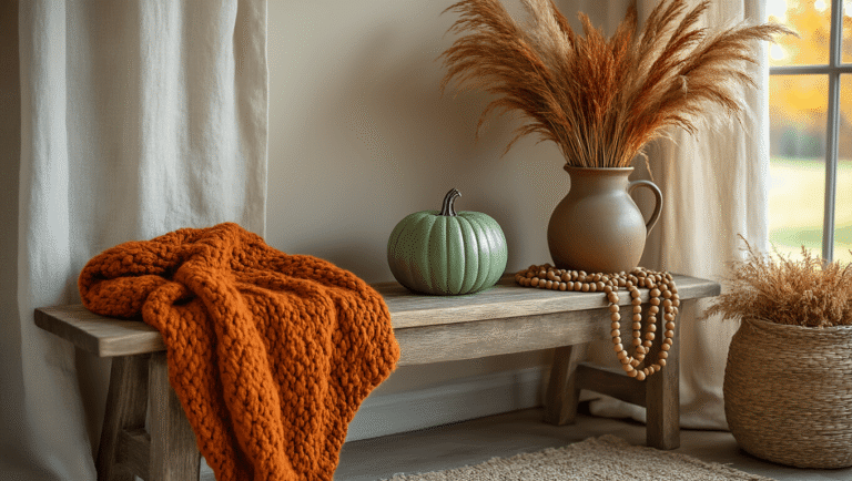 Cinematic autumn entryway scene featuring a rustic wooden bench with a burnt orange throw, a sage green ceramic pumpkin, a vintage pitcher filled with rust-colored pampas grass, and a wooden bead garland, all bathed in warm golden hour lighting and soft textures in a muted fall color palette.