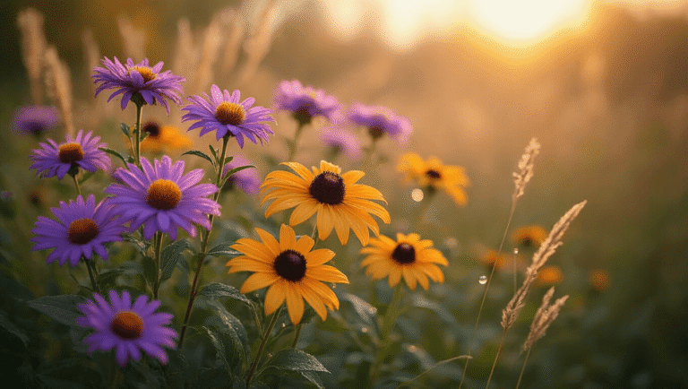 Cinematic autumn garden scene with vibrant purple asters and golden black-eyed susans bathed in warm late afternoon light, featuring dewdrops on petals and soft ornamental grasses in a rich earthy palette.