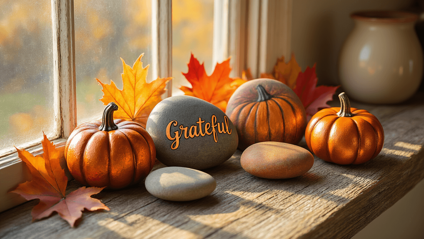 Cinematic close-up of hand-painted autumn rocks with pumpkin designs and maple leaves, featuring "Grateful" lettering, arranged on a rustic wooden windowsill bathed in warm golden hour light, with soft shadows and a cozy farmhouse kitchen backdrop.