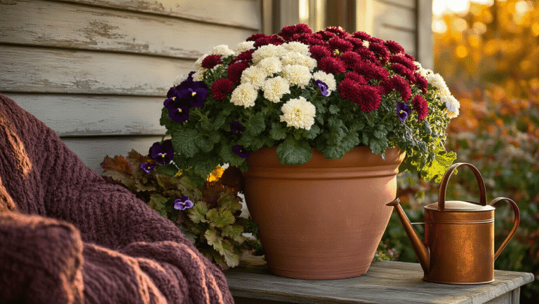 Cinematic autumn porch scene featuring a weathered terracotta container overflowing with deep burgundy chrysanthemums, white ornamental cabbage, and cascading purple pansies. Soft sunlight highlights the rich textures of kale leaves and aged wood siding backdrop, complemented by a vintage brass watering can and a cozy knitted throw on a wooden chair. Warm amber light enhances the inviting atmosphere.