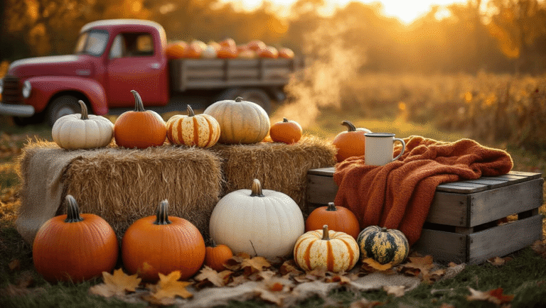 Fall Pumpkin Patch Aesthetic: How I Capture Pure Autumn Magic (And You Can Too) A rustic autumn pumpkin patch scene with assorted heirloom pumpkins on hay bales and wooden crates, featuring a vintage red truck in the background, a cozy wool sweater, steaming mug of apple cider, and scattered leaves, all illuminated by warm golden sunlight.