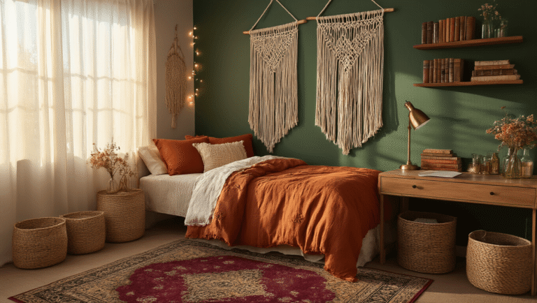 How I Transformed My Boring Dorm Room Into a Space I Actually Want to Spend Time In A cozy boho dorm room at golden hour with warm light, featuring a twin XL bed adorned with rustic textiles, macramé wall hangings, woven baskets, fairy lights, and a deep forest green accent wall, complemented by a vintage desk, dried flowers, and a Persian-style rug.