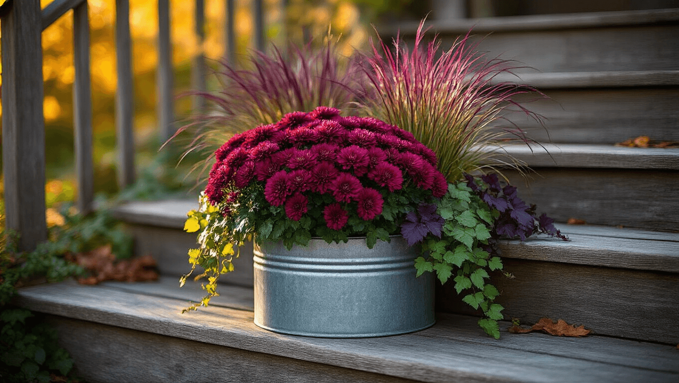 Close-up of a rustic galvanized metal planter filled with deep burgundy chrysanthemums, purple fountain grass, wine-colored heuchera, and dark ivy on weathered wooden steps, illuminated by warm golden hour light.