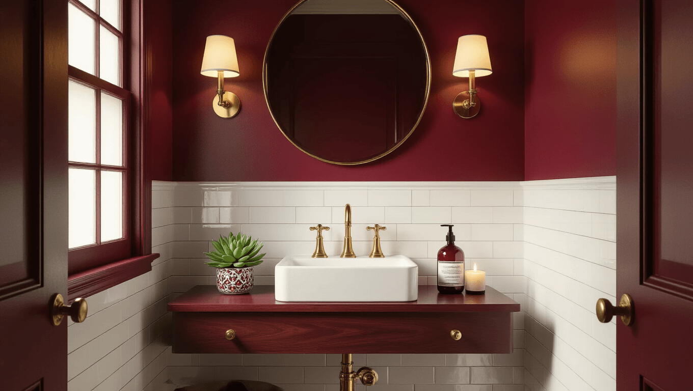 A luxurious burgundy powder room featuring rich textured walls, white subway tiles, brass fixtures, a white pedestal sink with a patterned tile splashback, an oversized round mirror, and soft morning light filtering through a frosted window, creating an intimate and warm atmosphere.