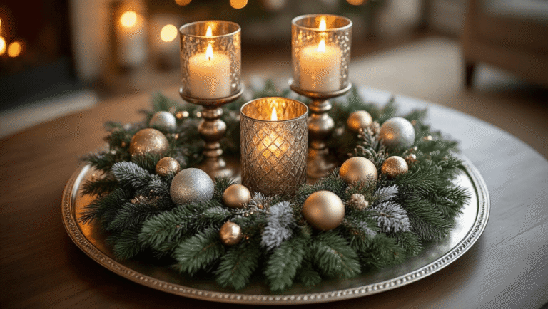 Cinematic overhead shot of an elegant Christmas coffee table centerpiece, featuring a flocked wreath on a round metallic tray, three mercury glass candlesticks, glittery ornament picks, and decorative spheres, all set in a luxuriously blurred living room with warm golden lighting.