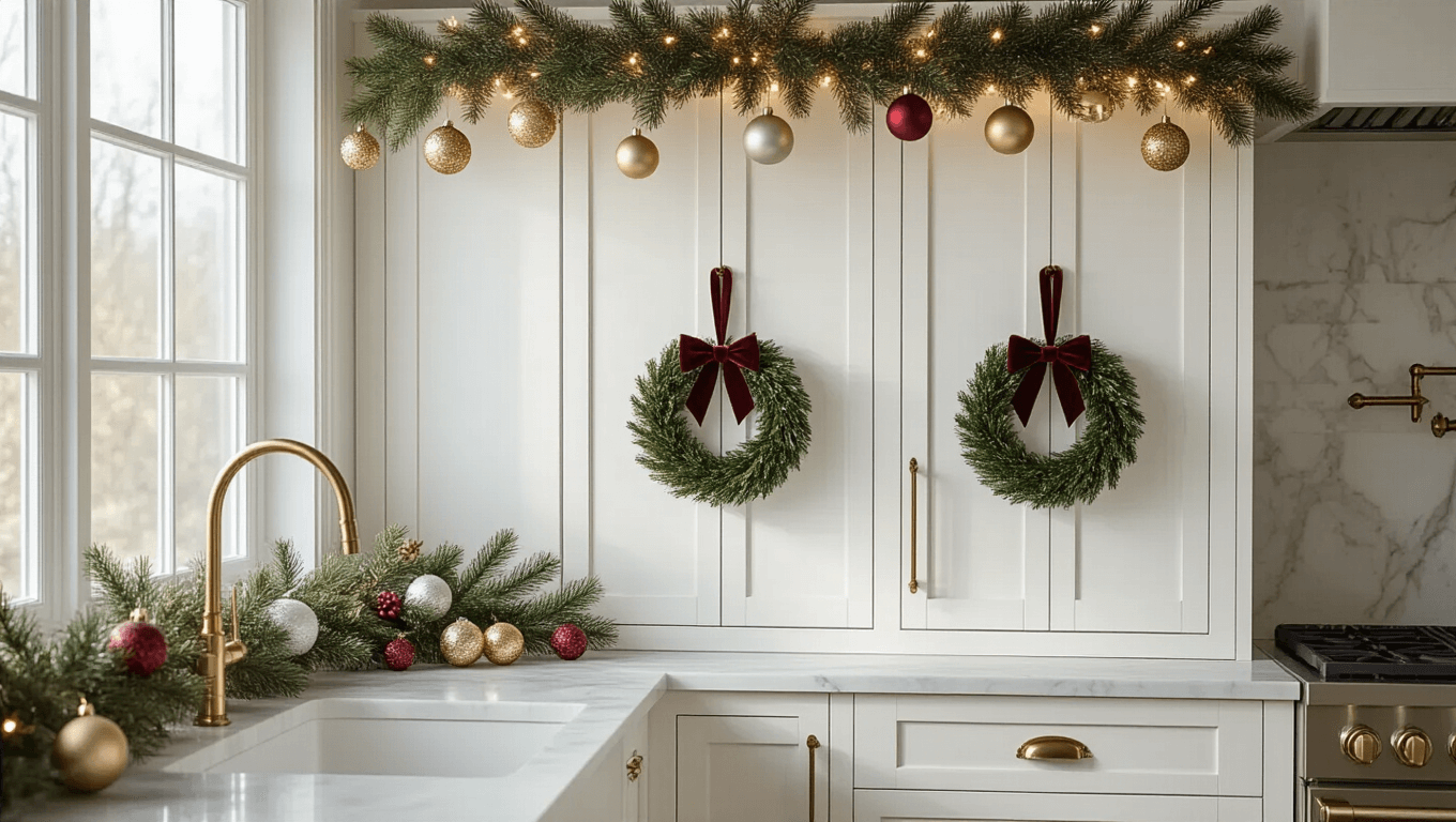 Cinematic kitchen with white shaker cabinets decorated with mini evergreen wreaths and burgundy velvet ribbons, pre-lit warm white garland, and metallic ornaments, all bathed in soft morning light.