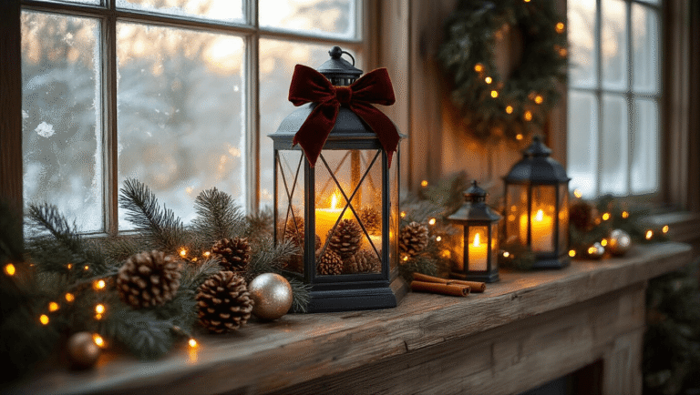 A cozy winter wonderland scene featuring rustic black metal lanterns on a weathered wood mantel, illuminated by golden hour light. The largest lantern glows warmly with fairy lights, filled with pine cones and faux evergreen garland, while a medium-sized lantern is decorated with a burgundy velvet bow and silver ornaments. The smallest lantern contains flickering LED candles surrounded by cinnamon sticks, all set against a backdrop of a cozy fireplace and cream-colored walls.