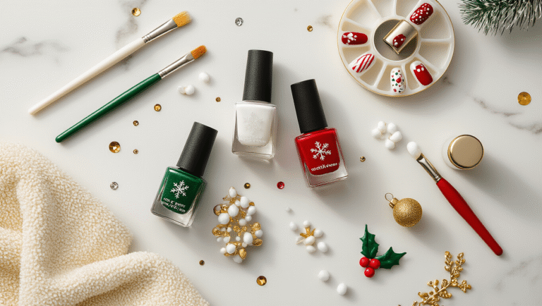 Flatlay of Christmas nail art supplies on marble surface, featuring bottles of white, gold, forest green, and red polish, scattered dotting tools, cotton swabs, and nail samples of snowflakes and candy canes, all under soft natural lighting.