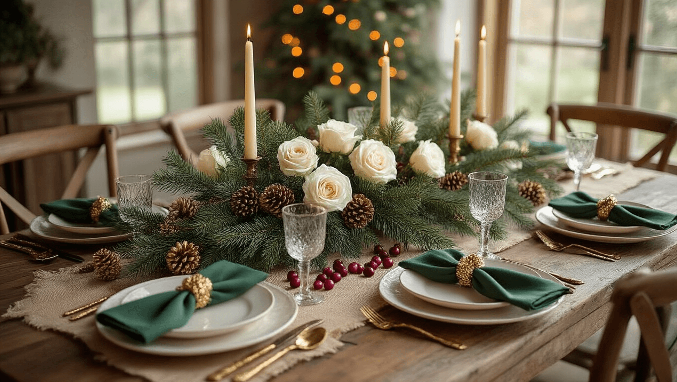 Cinematic overhead view of an elegant Christmas dining table featuring a rustic wooden centerpiece adorned with cedar branches, white roses, and gold pinecones, complemented by cream plates, emerald napkins, scattered cranberries, and warm candlelight, all set in a cozy farmhouse atmosphere.