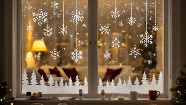 Cinematic close-up of a painted window featuring cascading snowflakes, frosted forest silhouettes, and warm interior lighting, with a cozy living room ambiance and holiday decor.
