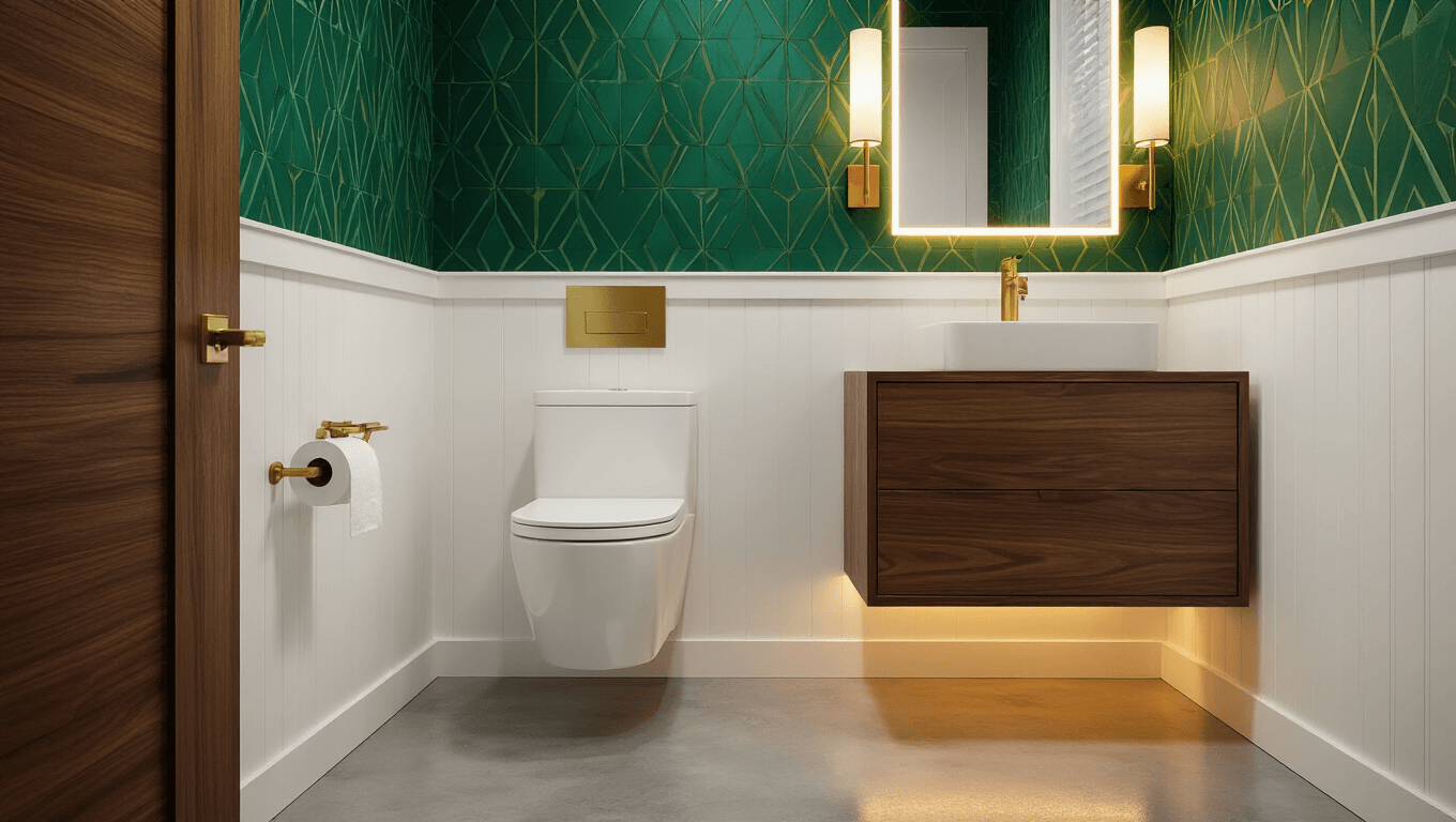 Photorealistic compact powder room with a wall-mounted white toilet, floating walnut vanity with rectangular vessel sink, emerald geometric wallpaper, white wainscoting, brushed gold fixtures, LED strip lighting, polished concrete floors reflecting warm light, and layered sconce lighting.