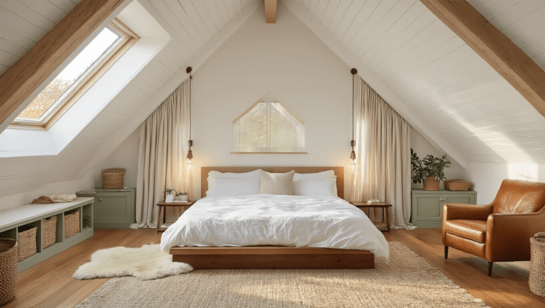 A cozy attic bedroom with sloped white ceilings and exposed wood beams, featuring warm hardwood floors, a low walnut platform bed with white linens, and golden hour light through dormer windows, complemented by a caramel leather reading chair, sage green accents, sheepskin rugs, and potted plants.