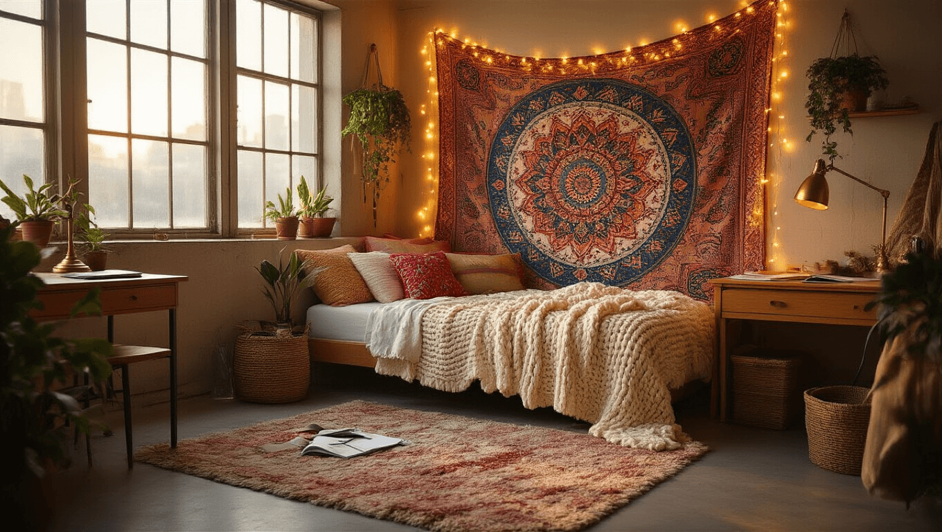 A cozy college dorm room bathed in warm golden light, featuring a lofted bed with a chunky knit throw, vibrant bohemian tapestry, LED fairy lights, and a plush rug, all set against an industrial backdrop.
