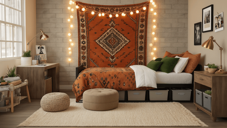 How to Actually Make Your Dorm Room Look Good Without Breaking the Bank A cozy, transformed dorm room with warm string lights, a burnt orange tapestry, cream area rug with green pillows, and organized storage under a twin bed, featuring a vintage gallery wall and layered blankets in earthy tones.
