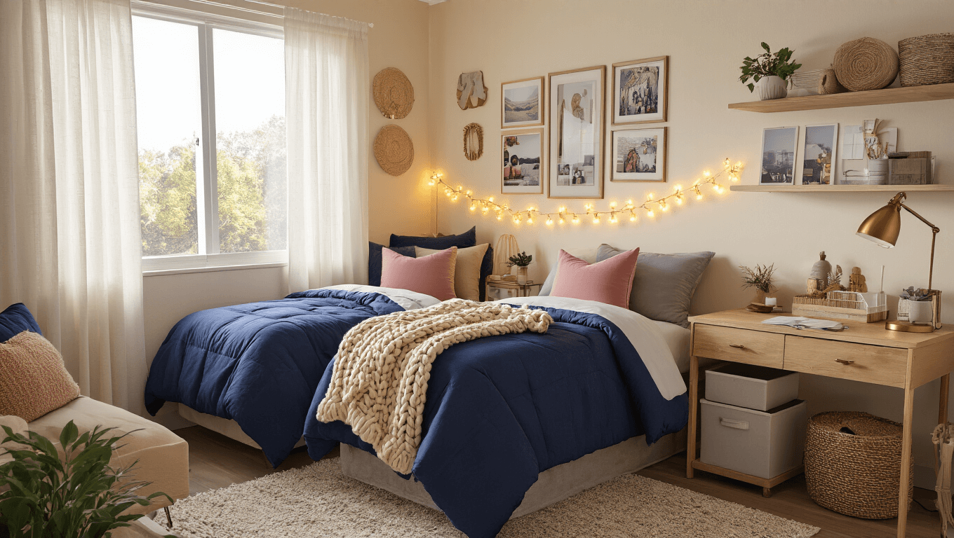 A cozy transformed dorm room featuring a twin XL bed with a navy comforter, warm LED string lights, and natural light from sheer curtains, complemented by a wooden desk, organized storage, cream walls adorned with photo collages, textured dusty rose pillows, small plants, and woven accessories, all creating an inviting atmosphere.