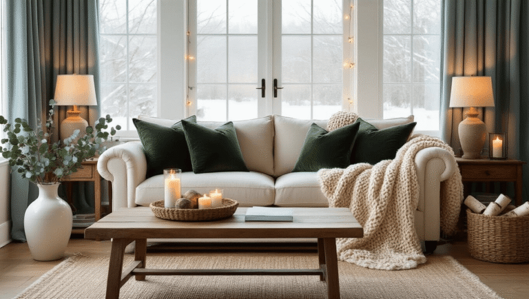 Cozy winter living room with cream sofa, warm lighting, and natural elements, featuring a chunky knit throw, dark green velvet pillows, and faux fur accents.