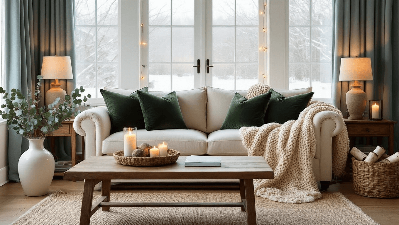 Cozy winter living room with cream sofa, warm lighting, and natural elements, featuring a chunky knit throw, dark green velvet pillows, and faux fur accents.