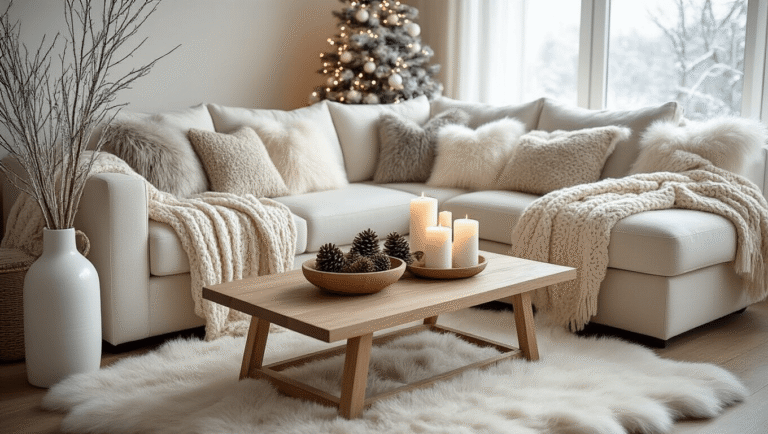 How to Transition Your Home From Christmas to Winter Decor Without Making It Look Bare A cozy minimalist living room decorated for winter, featuring a cream sectional sofa with chunky knit throws, faux fur pillows, a natural wood coffee table with pine cones and candles, a tall glass vase with birch branches, and a sheepskin rug on hardwood floors, all illuminated by warm white string lights.