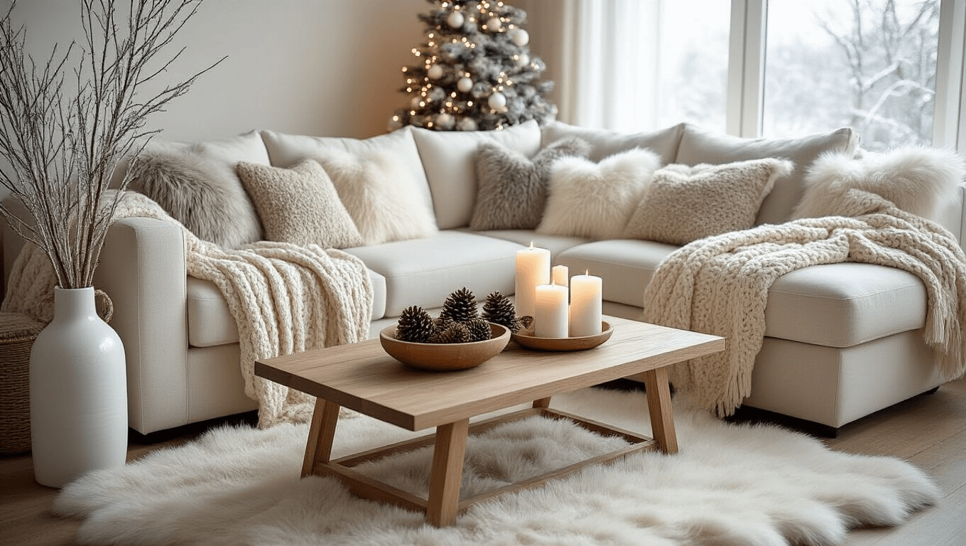 A cozy minimalist living room decorated for winter, featuring a cream sectional sofa with chunky knit throws, faux fur pillows, a natural wood coffee table with pine cones and candles, a tall glass vase with birch branches, and a sheepskin rug on hardwood floors, all illuminated by warm white string lights.