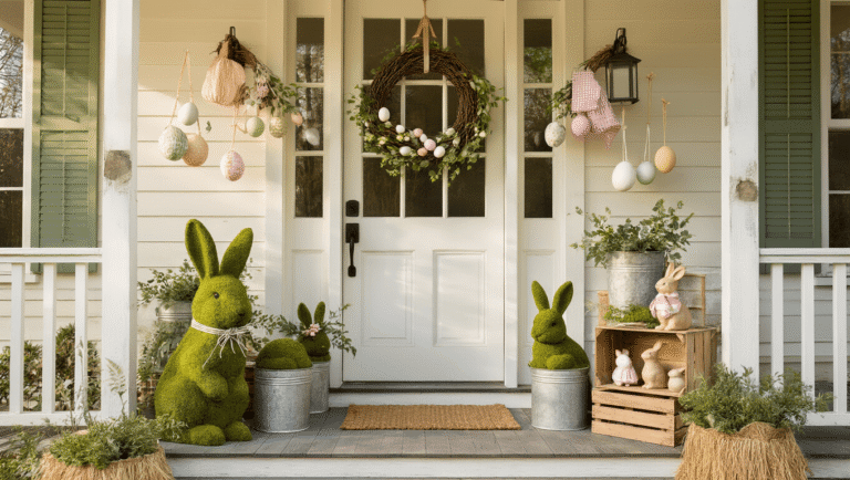 DIY Front Porch Easter Decorations That Won't Break the Bank A beautifully decorated farmhouse porch featuring moss-covered bunny sculptures, pastel egg wreaths, and fabric eggs hanging delicately, all bathed in warm golden hour light.