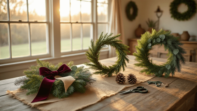 DIY Holiday Wreaths That Look Expensive (But Cost Under $10) A cozy farmhouse living room bathed in golden hour sunlight, featuring a vintage dining table with DIY holiday wreath supplies like pine branches, eucalyptus, burgundy ribbon, and pine cones, alongside three distinctive wreath styles.