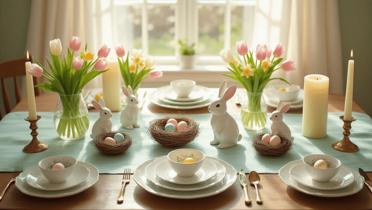 Easter Decorations That'll Make Your Home Feel Like a Springtime Dream Elegant Easter brunch table with pastel mint green runner, ceramic bunnies, fresh tulips, and daffodils, surrounded by candlelight and warm sunlight.