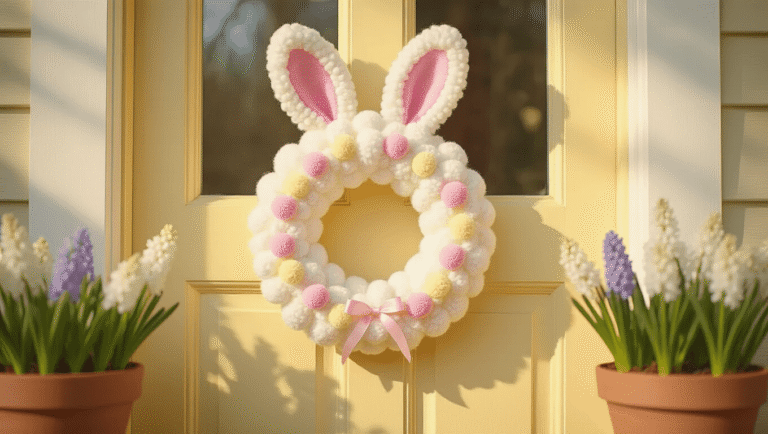 Dollar Tree Easter Bunny Wreaths Are Saving My Sanity (And My Wallet) Cinematic close-up of a fluffy white chenille yarn Easter bunny wreath on a pale yellow door, featuring pom-pom ears and pastel ribbon streamers, framed by terracotta pots of blooming hyacinths in warm spring sunlight.