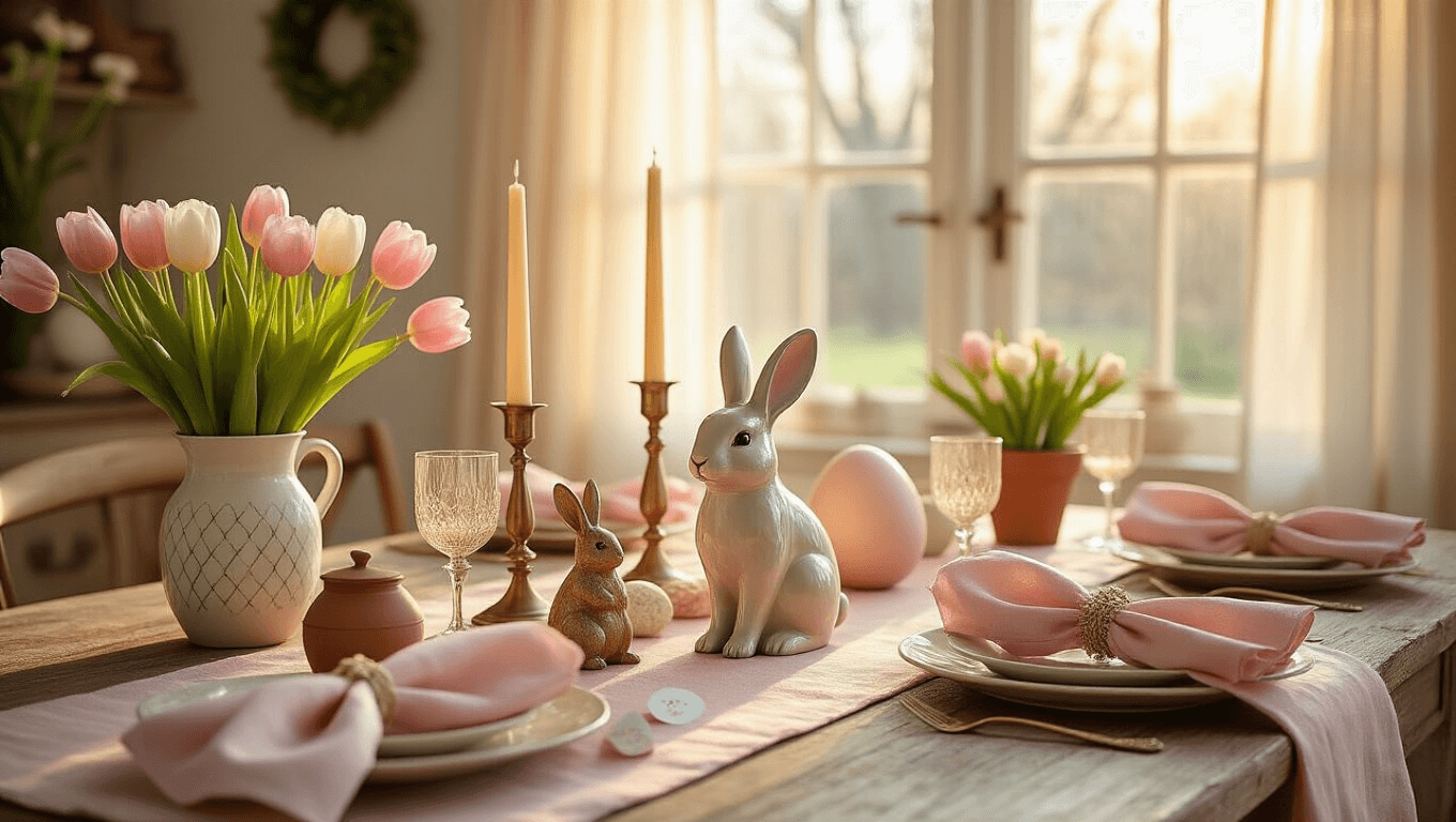 A serene Easter dining room scene with blush pink linen napkins, pastel runner, a ceramic bunny centerpiece, fresh tulips in tiered vases, and gently lit metallic candlesticks, all creating a warm, inviting spring ambiance.