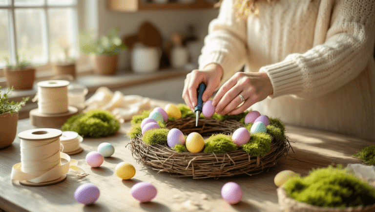 Easter Egg Wreath: Your Front Door Deserves This Spring Upgrade Close-up of a rustic farmhouse kitchen island with a wreath-making setup, featuring pastel Easter eggs, a hot glue gun, and hands placing an egg on a wreath, bathed in warm morning light.