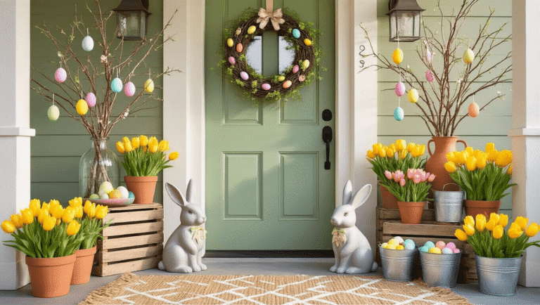 Easter Porch Decorating Ideas That'll Make Your Neighbors Jealous (Without Breaking the Bank) Elegant Easter porch decor featuring a sage green door with a grapevine wreath, bunny figurines, a DIY egg tree, colorful flower pots, and cozy accents, all captured in warm golden hour lighting.