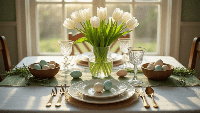 Cinematic overhead shot of an elegant Easter dining table with white tulips, speckled eggs, and vintage tableware, bathed in warm golden hour light.