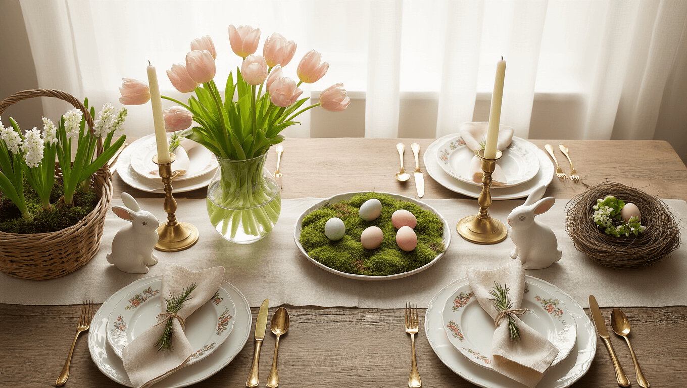 Elegant Easter tablescape with floating tulips, moss-covered tray of pastel eggs, and delicate decor on a weathered wooden table under soft morning light.