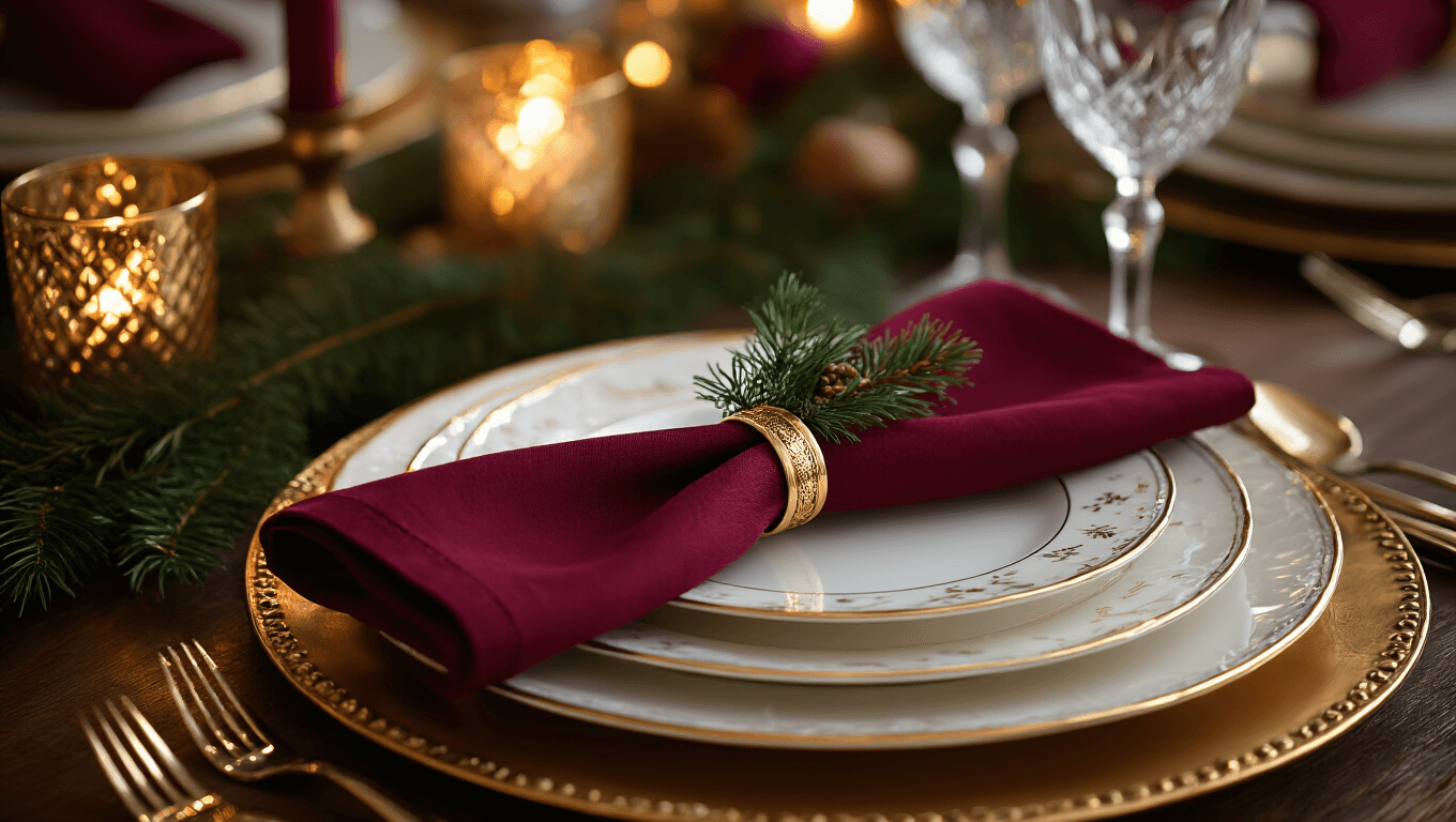Close-up shot of an elegant Christmas place setting with a burgundy linen napkin, gold ring, layered white porcelain plates on a brass charger, crystal wine glasses, polished silver flatware, and fresh evergreen garnish, illuminated by warm mercury glass votives and tungsten lighting.