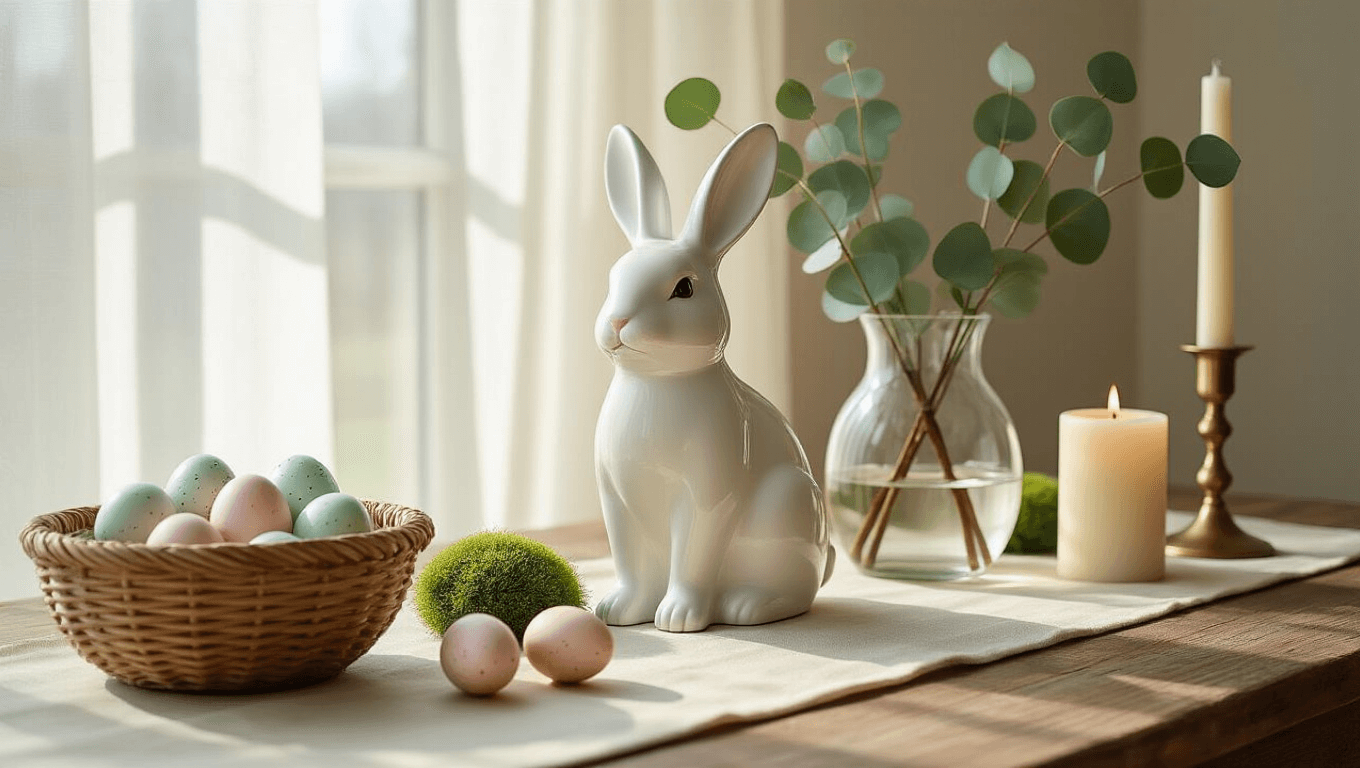 Cinematic wide-angle shot of an elegant Easter tablescape featuring a white ceramic bunny, speckled glass eggs, eucalyptus stems, and soft morning light casting gentle shadows on a weathered oak surface, arranged with a neutral palette and minimal styling.