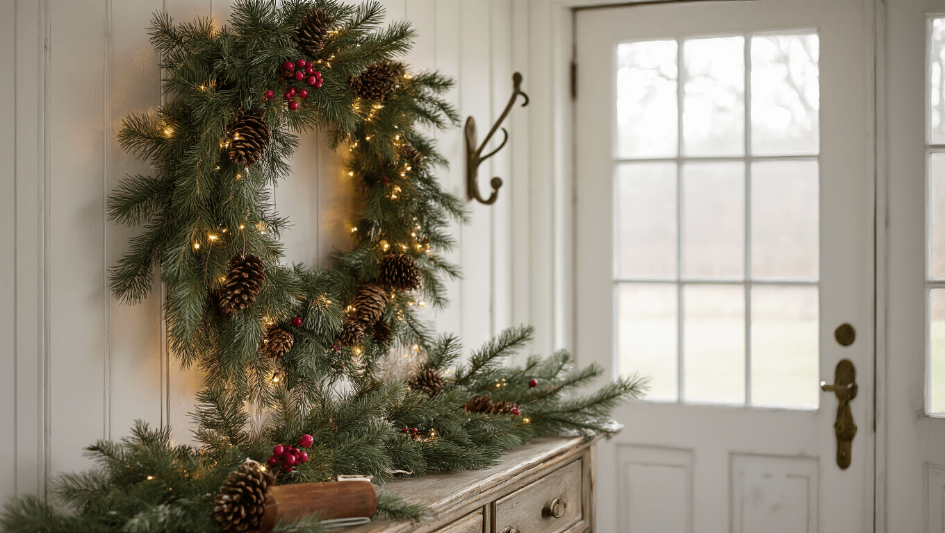 Ultra-realistic cozy farmhouse entryway featuring a white wooden door framed with a lush pine garland adorned with pine cones and red berries, warm white fairy lights, soft winter morning light filtering through frosted windows, vintage brass hooks, and a weathered console table displaying installation tools, all in a warm color palette.