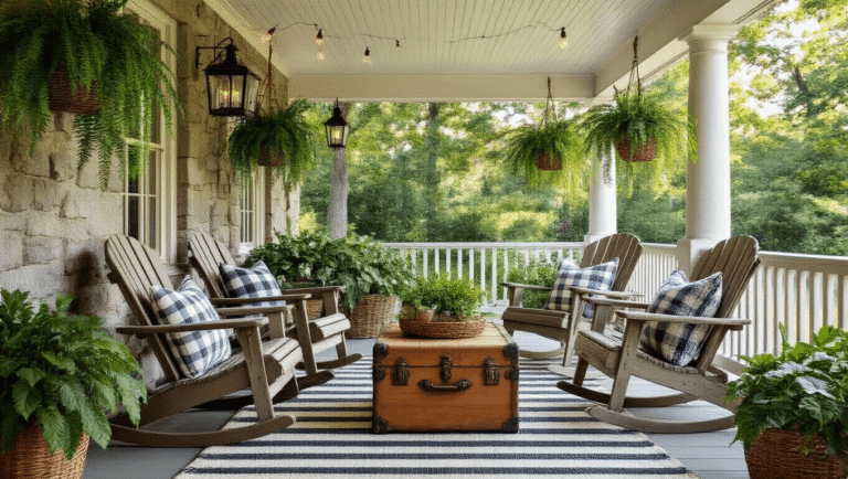 A cozy farmhouse summer porch with weathered Adirondack chairs, a traditional rocking chair, and a rustic wooden side table, accented by Boston ferns, hostas, and a vintage steamer trunk, all illuminated by golden hour lighting and adorned with cozy textiles and ambient lighting.
