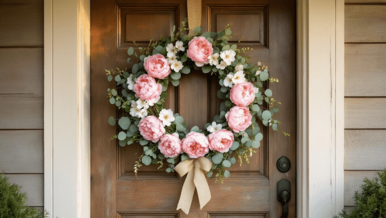 Front Door Cross Wreaths: Everything You Need to Know About This Beautiful Religious Decor Elegant front door cross wreath featuring pink peonies and white cherry blossoms on a rustic wooden door, illuminated by golden hour lighting, with silvery eucalyptus and burlap ribbon accents, creating a warm, inviting atmosphere.