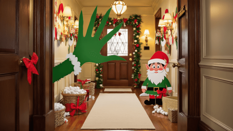 Funny Christmas Door Decorations That'll Make Your Neighbors Actually Laugh Cinematic holiday scene featuring a Grinch hand reaching around a mahogany door frame, whimsical elf cutouts with photo faces, and a giant composition notebook backdrop with Santa-hat pencils and festive decorations, all illuminated by warm golden lighting in a cozy hallway.