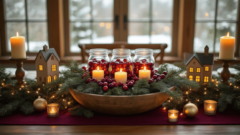 Christmas Table Centerpiece Ideas That'll Make Your Guests Go "Wow!" Cinematic overhead shot of a festive holiday centerpiece with mason jars filled with floating cranberries and warm candles, surrounded by fresh pine and eucalyptus in a rustic dough bowl, illuminated by string lights and accented with gold and silver ornaments.