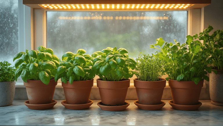 Cinematic overhead view of a thriving indoor winter garden on a marble kitchen counter, featuring vibrant herbs in terra cotta pots, illuminated by warm grow lights, with frosted windows hinting at winter outside.