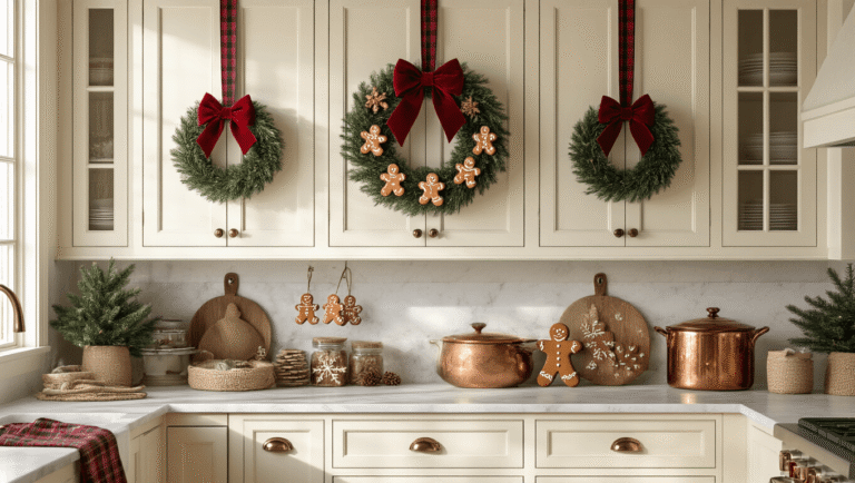 Cinematic interior of cream-colored kitchen cabinets decorated for Christmas with plaid ribbon, mini pine wreaths, and gingerbread ornaments, bathed in warm golden hour light, featuring cozy farmhouse elements and holiday staging.