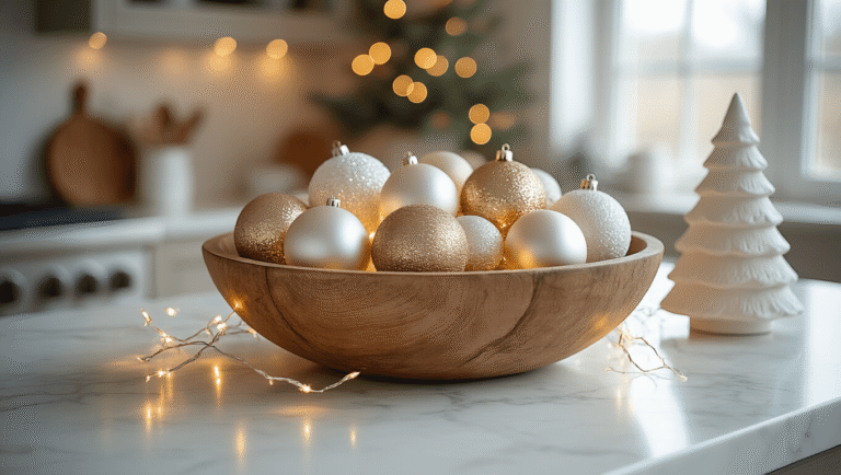 Minimalist Christmas Kitchen Island Centerpieces That Won't Overwhelm Your Space Elegant minimalist Christmas kitchen island centerpiece featuring a rustic wooden dough bowl filled with white and champagne glass ornaments, illuminated by warm fairy lights, against white marble countertops with natural winter morning light.