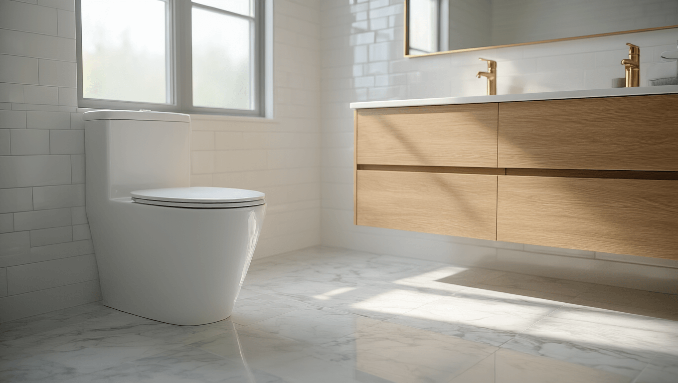 Cinematic interior of a luxurious modern bathroom featuring a sleek white one-piece toilet, warm oak floating vanity with brass fixtures, gray veined marble flooring, and soft natural light through frosted windows, highlighting clean geometric lines and minimalist accessories.